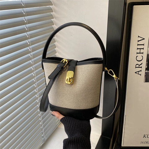Sac Seau Vintage en Patchwork pour Femmes Toile Cuir Artificiel Couleur Contrastée Sac Bandoulière Sac à Main Petit
