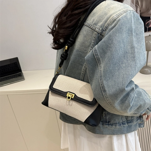 Borsa a Tracolla da Donna in Pelle PU e Tela Patchwork Colore a Contrasto Estate Cinghia con Nodo Borsa Quadrata con Lucchetto