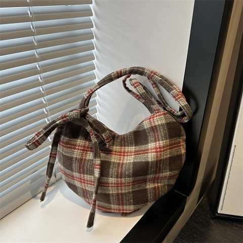 French Romantic Heart Shaped Underarm Bag For Women Vintage Gingham Plaid Tweed Shoulder Bag With Bow Sweet Daily Casual Handbag