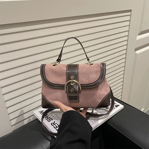 Vintage Damen PU Leder Umhängetasche Kontrastnähte Pferdegebiss Schnalle Handtasche Pendler Kurier Satchel Tasche