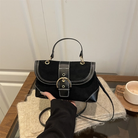Vintage Damen PU Leder Umhängetasche Kontrastnähte Pferdegebiss Schnalle Handtasche Pendler Kurier Satchel Tasche