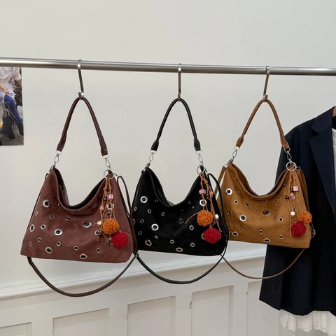 Retro Faux Suede Grommet Hobo Bag Women Large Capacity Shoulder Crossbody Bag With Optional Plush Ball Pendant Charm