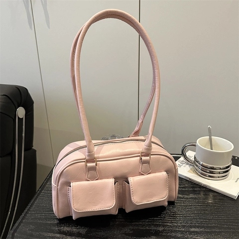 Retro Women PU Leather Shoulder Bag Double Pocket Design Chic Solid Color Underarm Handbag For Commuting Fashion Tote Bag