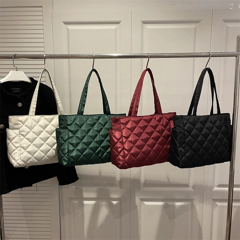 Large Capacity Quilted Tote Bag Lightweight Padded Fabric Shoulder Handbag With Side Pockets For Women Casual Everyday