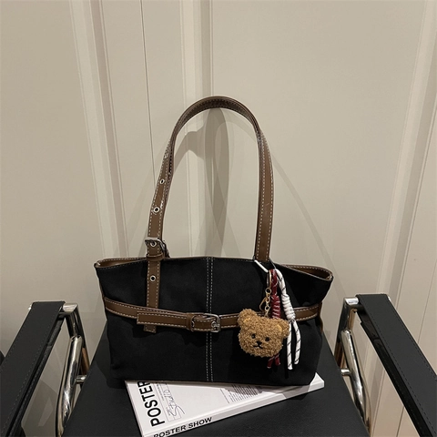Women Retro Canvas Tote Bag Large Capacity Casual Shoulder Bag With PU Leather Strap And Cute Bear Pendant For Daily Office