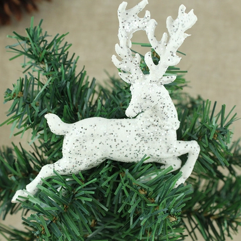 Ornamento da Appendere Renna di Natale in Plastica Bianco Argento Glitterato Statuetta di Cervo Saltante per Albero di Natale
