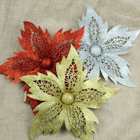 Große Weihnachts-Simulationsblume Glitzer Hohl Künstliche Poinsettia Für Weihnachtsbaum Kranz Girlande Dekoration Feiertagsparty Ornament
