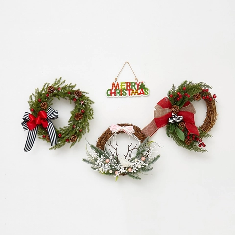 Guirlanda de Navidad Hecha a Mano de Vid de Madera Aguja de Pino Artificial Con Lazo Rojo Piña Baya Para Puerta Principal Hogar Decoración Navideña