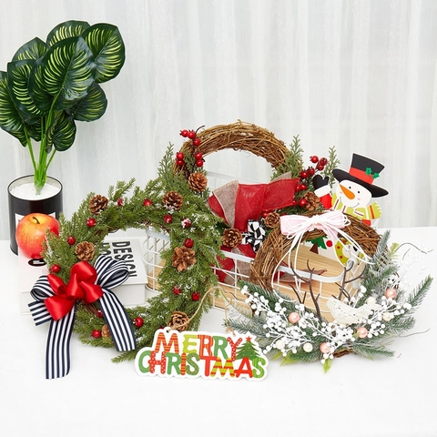 Guirlanda de Navidad Hecha a Mano de Vid de Madera Aguja de Pino Artificial Con Lazo Rojo Piña Baya Para Puerta Principal Hogar Decoración Navideña