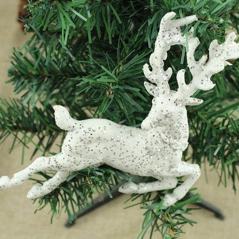 Ornamento da Appendere Renna di Natale in Plastica Bianco Argento Glitterato Statuetta di Cervo Saltante per Albero di Natale