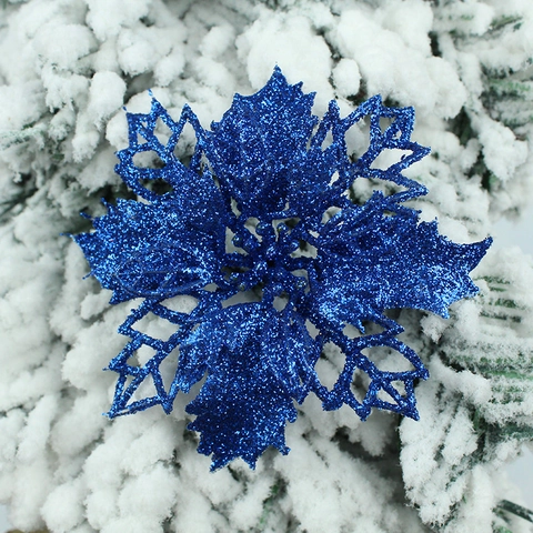 Glitter Christmas Flower Plastic Artificial Poinsettia For Christmas Tree Wreath Decoration Hollow Out Festive Hanging Ornaments
