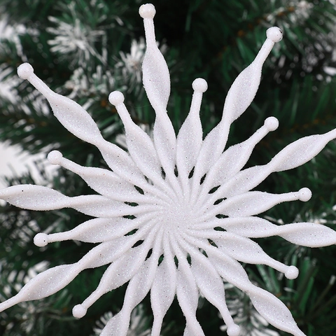Ornamento da Appendere per Albero di Natale Fiocco di Neve Bianco Glitter 3D in Plastica Forma di Stella Simmetrica