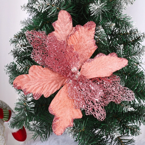 Fiore di Poinsettia Natalizio Artificiale Glitterato Traforato Ornamento Rosa Decorazione Floreale per Albero di Natale