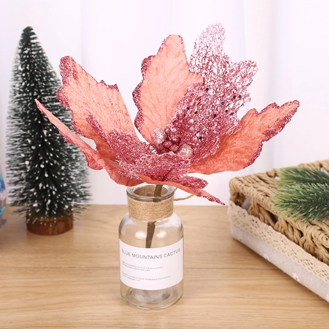 Fiore di Poinsettia Natalizio Artificiale Glitterato Traforato Ornamento Rosa Decorazione Floreale per Albero di Natale