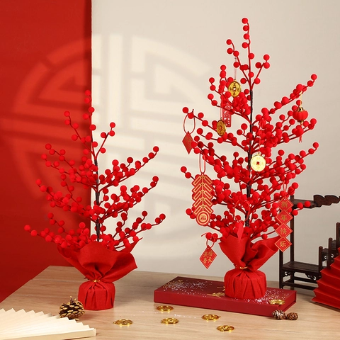 Capodanno Cinese Albero di Bacche Rosse Artificiale Albero della Fortuna Decorazione Festiva per la Casa per la Festa di Primavera Matrimonio Ornamento da Scrivania