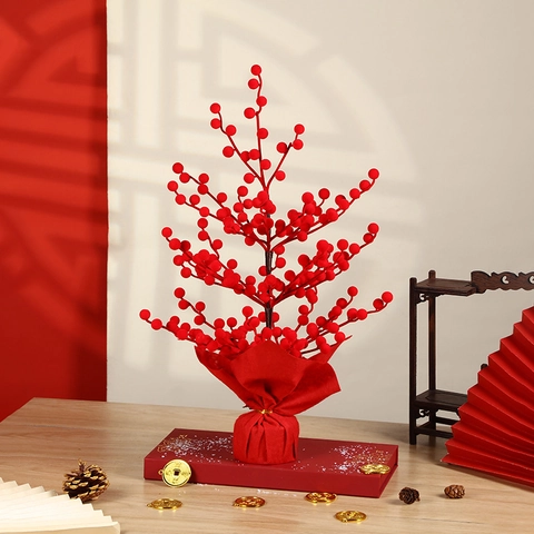 Capodanno Cinese Albero di Bacche Rosse Artificiale Albero della Fortuna Decorazione Festiva per la Casa per la Festa di Primavera Matrimonio Ornamento da Scrivania