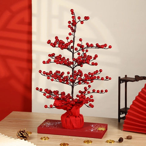 Albero di Bacche Rosse Artificiale Decorazione Tradizionale Cinese di Capodanno Ornamento da Scrivania Con Luci a LED e Pendenti Per Casa Matrimonio Festa