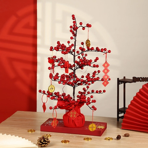 Albero di Bacche Rosse Artificiale Decorazione Tradizionale Cinese di Capodanno Ornamento da Scrivania Con Luci a LED e Pendenti Per Casa Matrimonio Festa