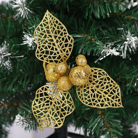 Fiore di Natale Artificiale Dorato con Brillantini Foglie Traforate Bacche DIY Ornamento per Albero di Natale Casa