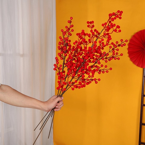 Gambi di Bacche Rosse Artificiali Rami di Bacche di Agrifoglio di Natale Per Capodanno Matrimonio Casa Festa Decorazione Floreale