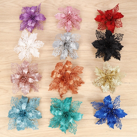 Fleur Artificielle Ajourée Poinsettia Scintillante Décoration Suspendue pour Sapin de Noël Ornement de Fête Maison Bureau