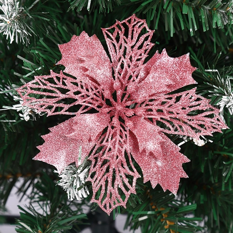 Fleur Artificielle Ajourée Poinsettia Scintillante Décoration Suspendue pour Sapin de Noël Ornement de Fête Maison Bureau
