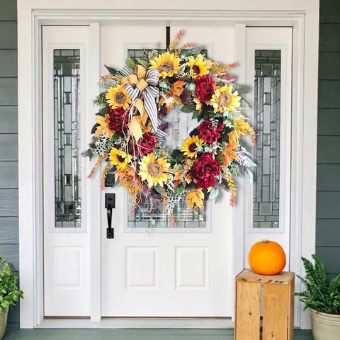 Französisches Landhaus Sonnenblumenkranz Mit Roter Pfingstrose Herbst Ahornblätter Schwarz Weiß Streifen Schleife Für Haustür Dekor