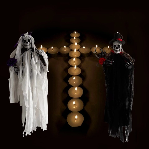 Decorazioni di Halloween con Scheletro Sposa e Sposo Fantasma Appesi Grandi Oggetti di Scena Gotici per Parete e Porta d'Ingresso