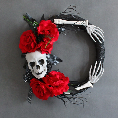 Gothic Halloween Skull Wreath Red Roses Skeleton Hands Horror Artificial Flower Garland For Front Door Wall Party Decor