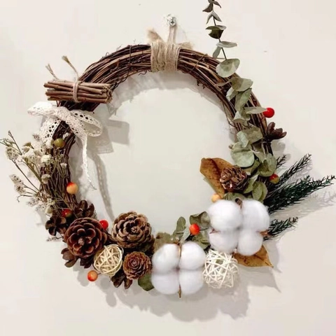 Handgemaakte Amerikaanse Landelijke Kerstkrans Muurdecoratie DIY Rotan Ring Met Dennenappel Katoen Eucalyptus Voor Thuis