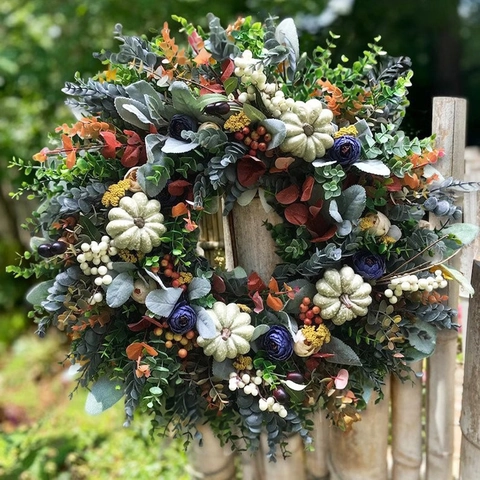 Herbst Eukalyptus Kürbis Kranz Für Ernte Haustür Thanksgiving Halloween Handgefertigt Floral Beere Deko