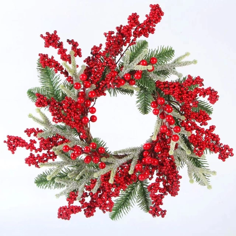 Couronne de Noël Artificielle avec Baies Rouges et Aiguilles de Pin Floconnées pour Porte d'Entrée Mur Décoration de Fête