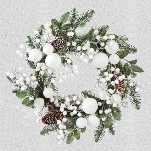 Ghirlanda di Natale Neve Invernale Con Pigne Bacche Bianche Decorazione Artificiale per Porta d'Ingresso Parete