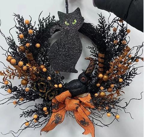 Halloween Kranz Dekoration Künstliche Schwarze Rose Kürbis Beeren Girlande Mit Gruseliger Eule Katze Silhouette Für Haus Wand Türbehang Deko