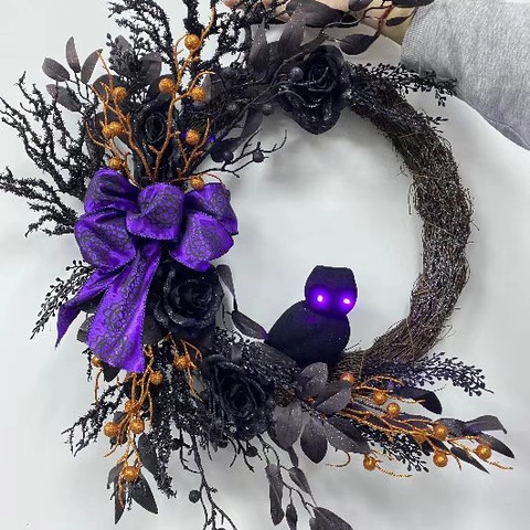 Halloween Kranz Dekoration Künstliche Schwarze Rose Kürbis Beeren Girlande Mit Gruseliger Eule Katze Silhouette Für Haus Wand Türbehang Deko