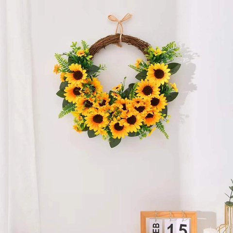 Artificial Sunflower Wreath Half Sunflower Rattan Ring Front Door Hanging Decoration For Home Wall Modern Simple Style Floral Decor