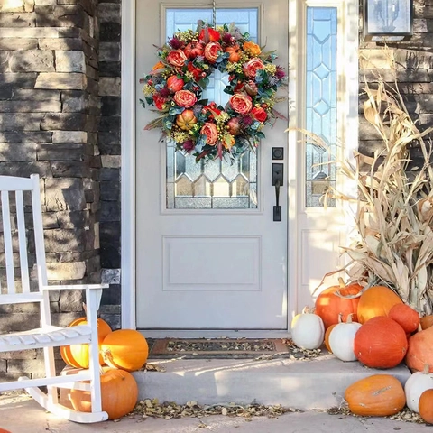 Autumn Harvest Flower Pumpkin Wreath For Thanksgiving Halloween Front Door Decoration Artificial Berry Floral Garland
