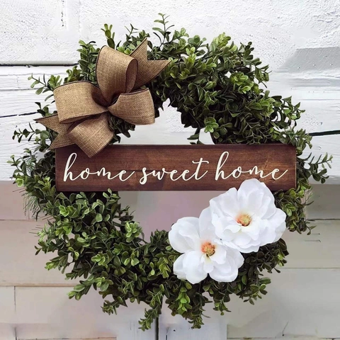 Ghirlanda di Eucalyptus Artificiale Decorazione Natalizia Porta Home Sweet Home Segno Fiocco di Tela Ghirlanda di Magnolia Parete
