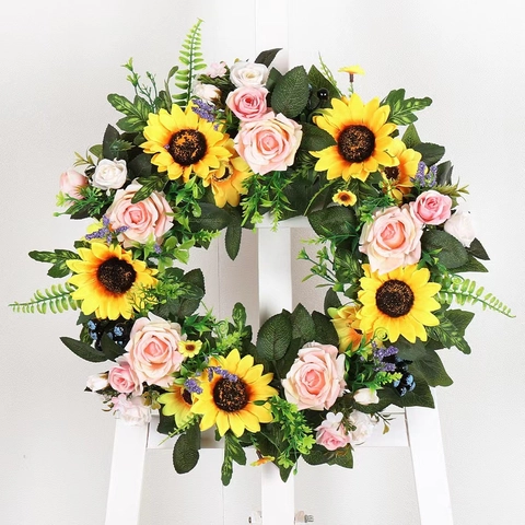 Künstliche Sonnenblume Rose Blumenkranz Für Haustür Frühling Sommer Dekoration Kunstblume Handgefertigt Hängende Ornament