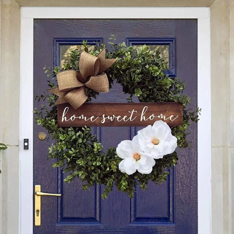 Ghirlanda di Eucalyptus Artificiale Decorazione Natalizia Porta Home Sweet Home Segno Fiocco di Tela Ghirlanda di Magnolia Parete