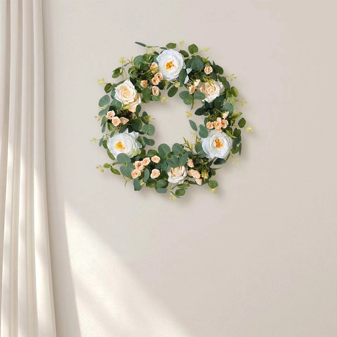 Artificial Rose Camellia Eucalyptus Wreath For Front Door Wall Hanging Decoration American Country Style Handmade Silk Flower Garland Home Wedding Party Decor
