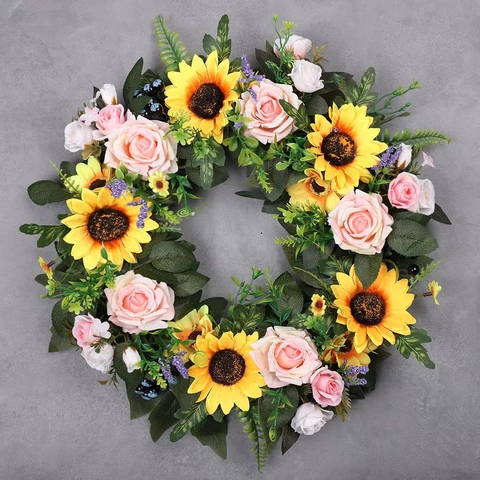 Künstliche Sonnenblume Rose Blumenkranz Für Haustür Frühling Sommer Dekoration Kunstblume Handgefertigt Hängende Ornament