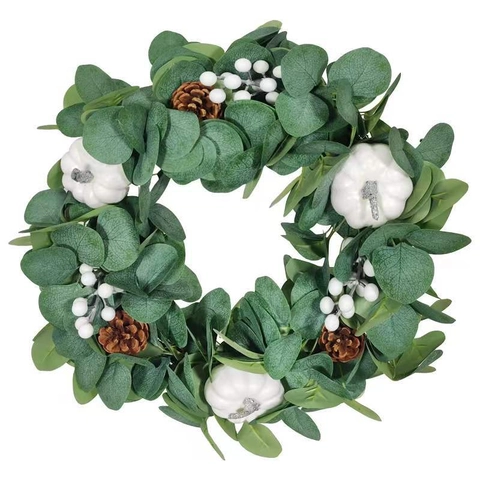 Ghirlanda Artificiale della Festa del Raccolto Foglie di Eucalyptus Zucca Bianca Pigna Naturale Autunno Porta Decorazione Casa