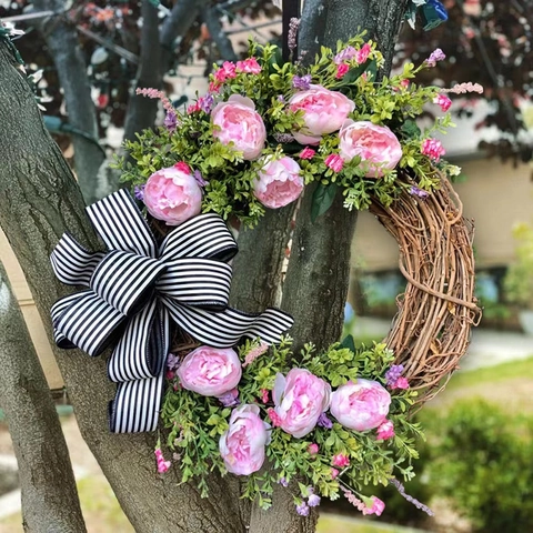 Handmade Artificial Peony Wildflower Wreath With Black White Striped Bow Natural Rattan Base Front Door Decoration Garland