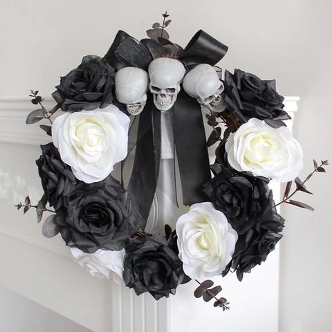 Halloween Kranz Totenkopf Schwarz Weiß Rose Gotisch Horror Türgirlande Künstliche Simulation Kranz Für Halloween Party Deko
