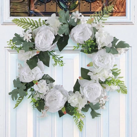 Weiße Rose Pfingstrose Künstlicher Kranz Blumengirlande Mit Grünen Blättern Für Haustür Wand Hochzeit Party Haus Deko Handgefertigt