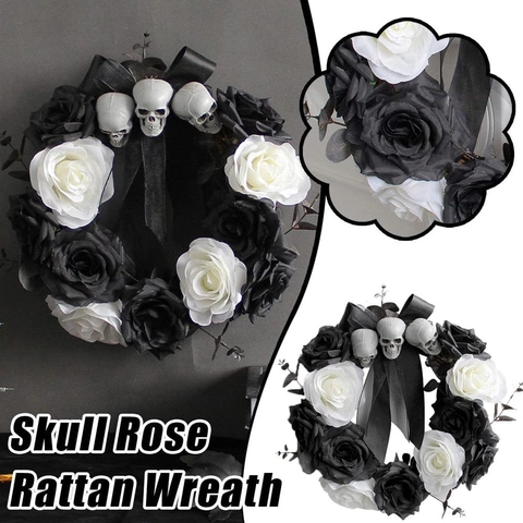 Halloween Kranz Totenkopf Schwarz Weiß Rose Gotisch Horror Türgirlande Künstliche Simulation Kranz Für Halloween Party Deko