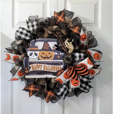 Ghirlanda di Halloween per Decorazione Porta d'Ingresso Happy Halloween Zucca Teschio Gatto Nero Fatto a Mano Decorazione Parete