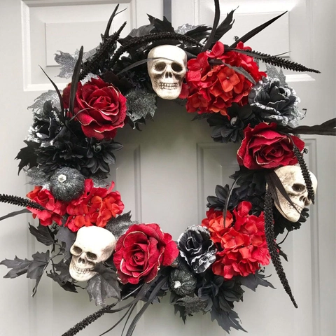 Halloween Skull Artificial Wreath Gothic Red Black Rose Wreath For Front Door Horror Atmosphere Hanging Ornament Party Decor