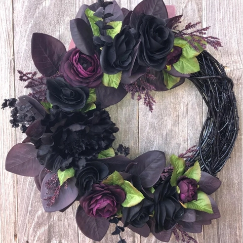 Halloween Gotisch Haustür Kranz Künstliche Schwarz Lila Rose Pfingstrose Kranz Herbst Home Wand Party Deko Requisiten